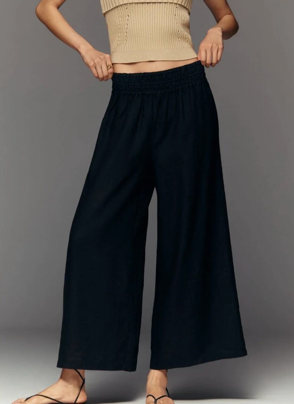 Anthropologie Womens Trouser Pants L Somerset 100% Linen Black Wide Leg Pull-On